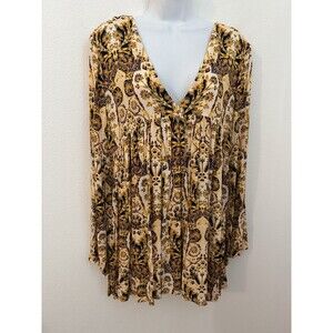 Free People Dress Small Womens Gold Yellow Floral Bohemian Mini Baby Doll Tunic
